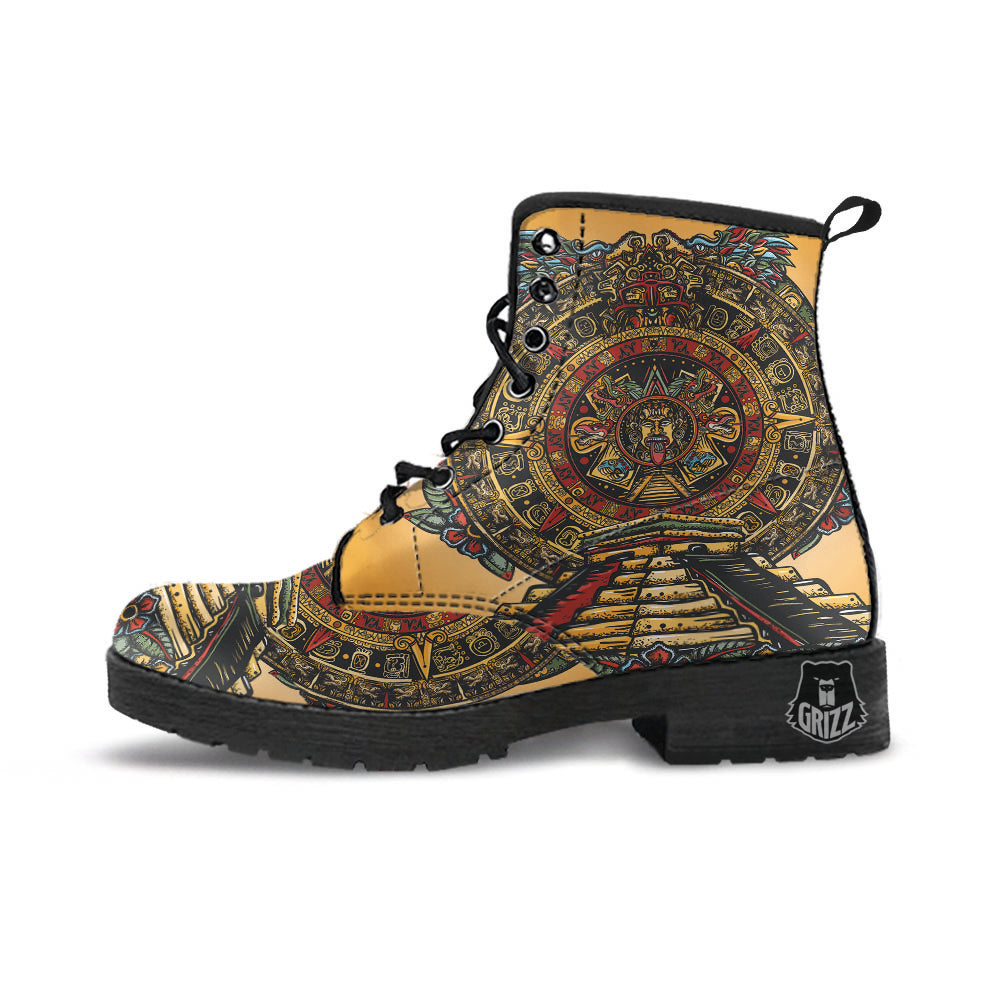 Statue Ancient Mayan Print Leather Boots-grizzshop