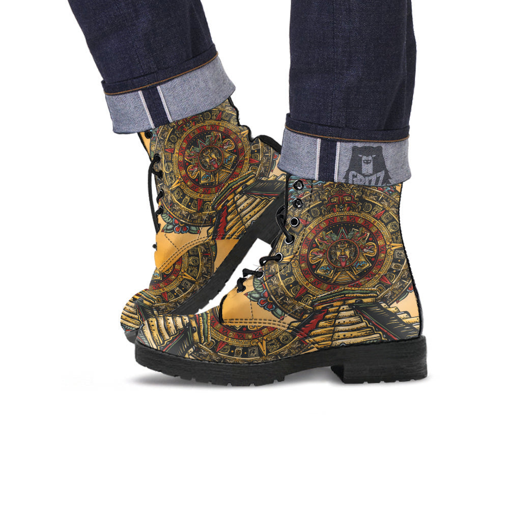 Statue Ancient Mayan Print Leather Boots-grizzshop