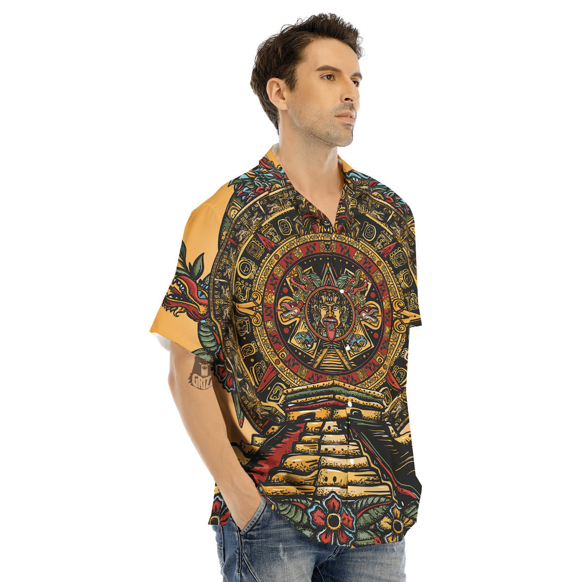 Statue Ancient Mayan Print Men's Hawaiian Shirt-grizzshop