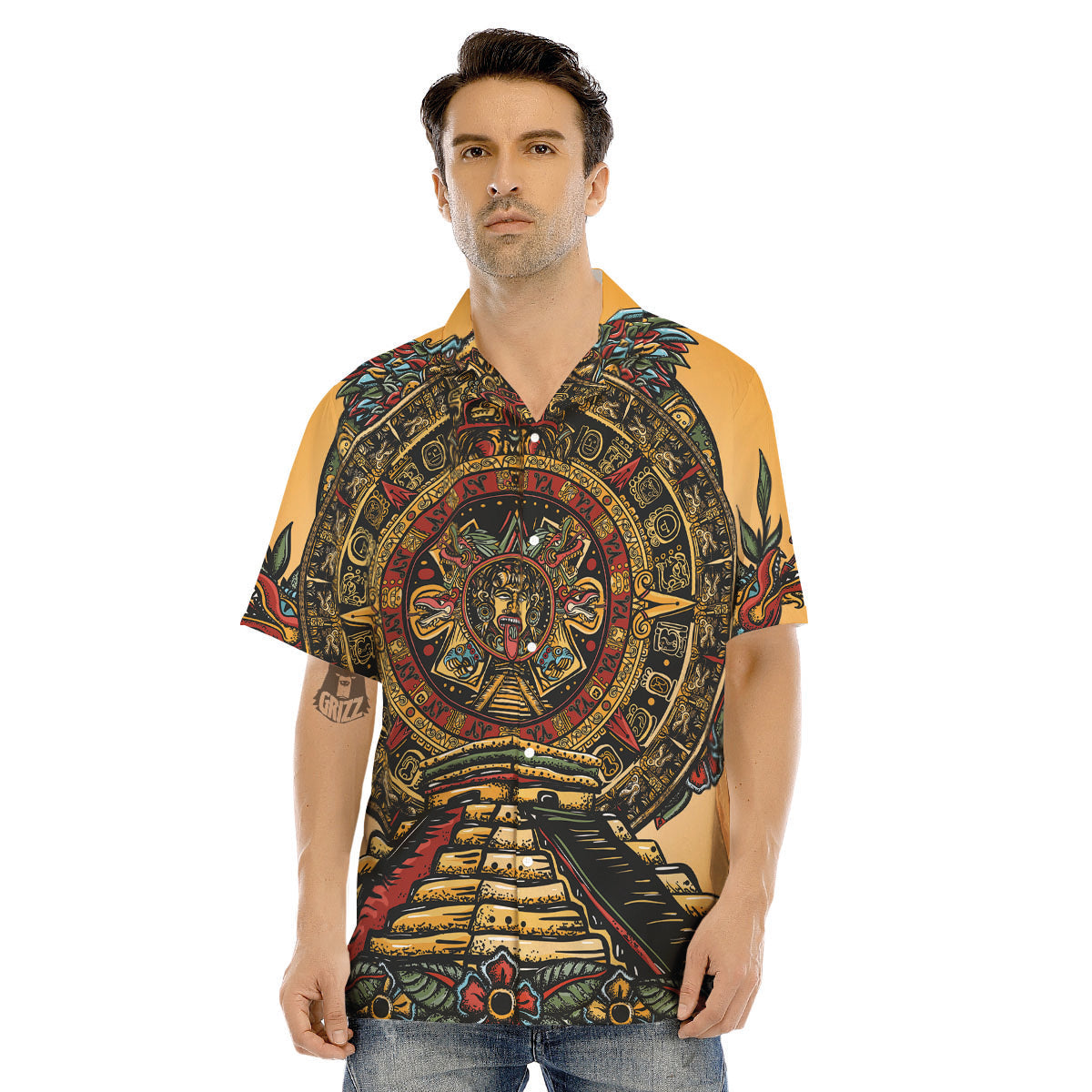 Statue Ancient Mayan Print Men's Hawaiian Shirt-grizzshop