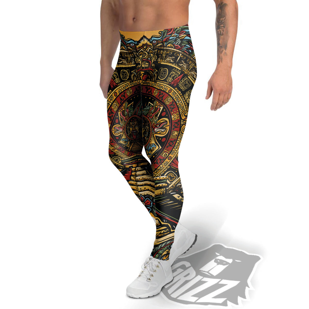 Statue Ancient Mayan Print Men's Leggings-grizzshop