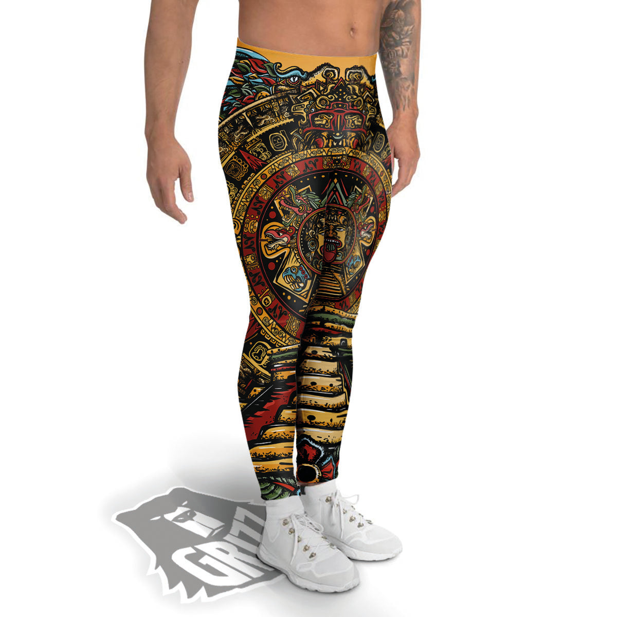 Statue Ancient Mayan Print Men's Leggings-grizzshop