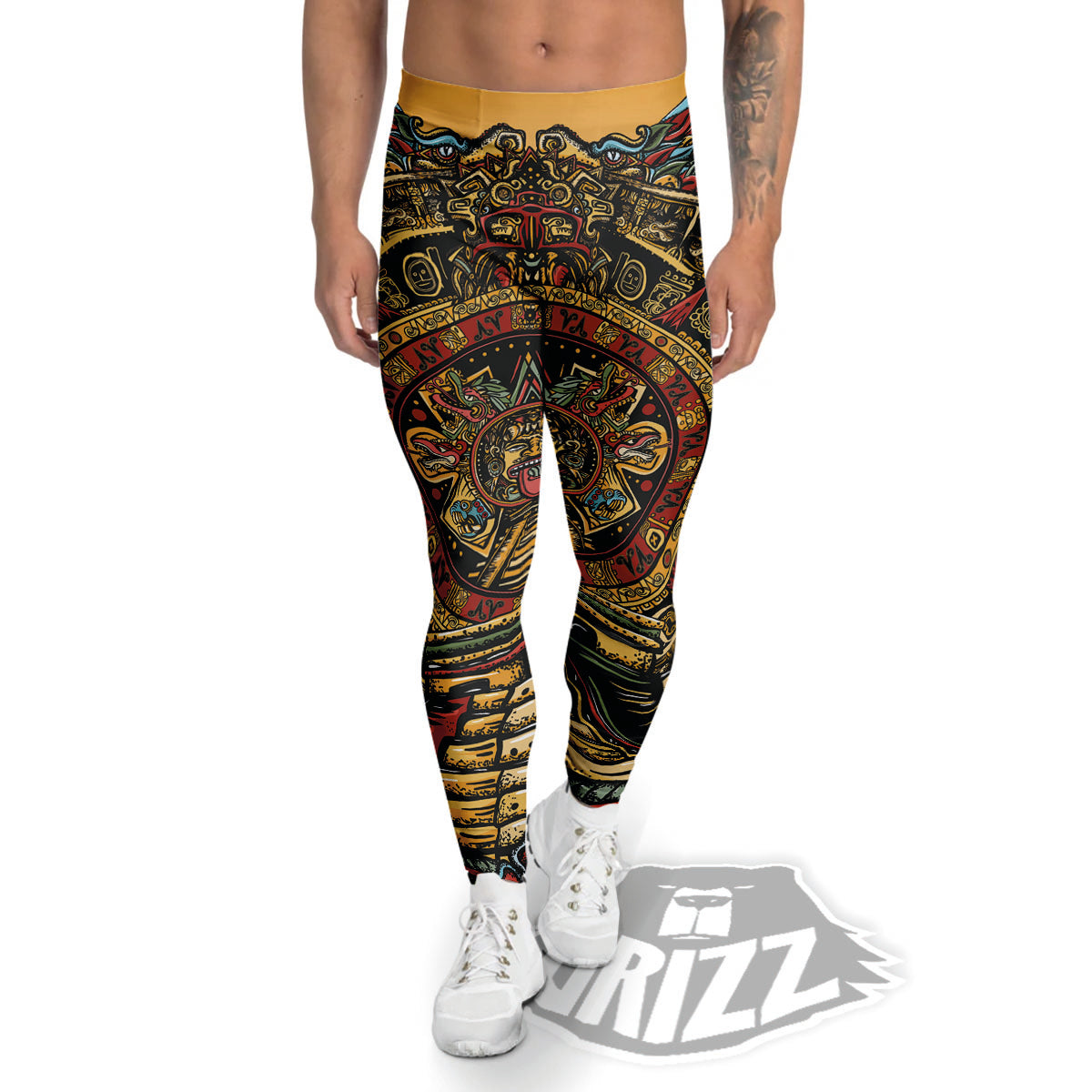 Statue Ancient Mayan Print Men's Leggings-grizzshop