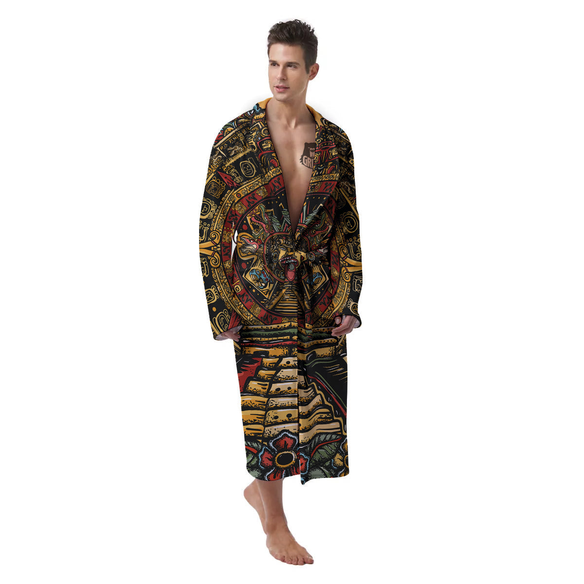 Statue Ancient Mayan Print Men's Robe-grizzshop