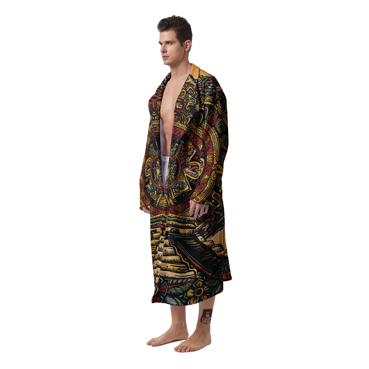 Statue Ancient Mayan Print Men's Robe-grizzshop