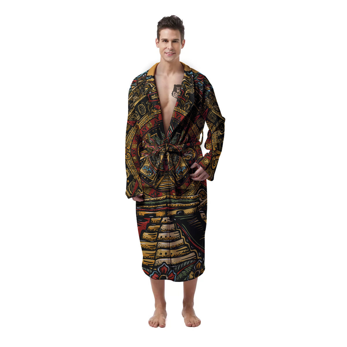 Statue Ancient Mayan Print Men's Robe-grizzshop