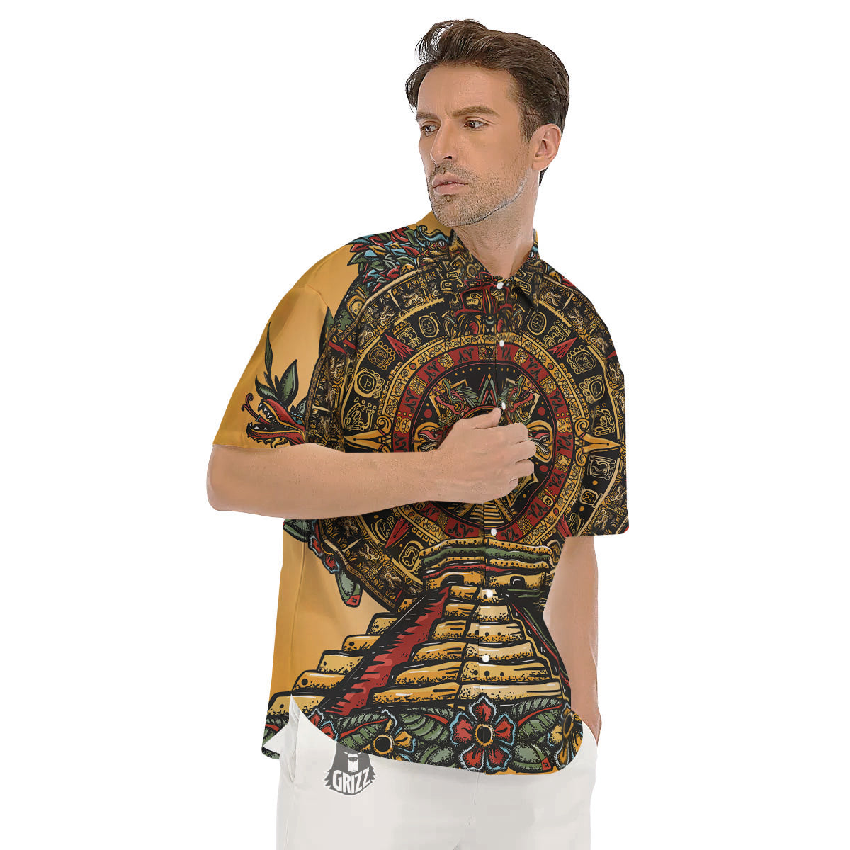 Statue Ancient Mayan Print Men's Short Sleeve Shirts-grizzshop