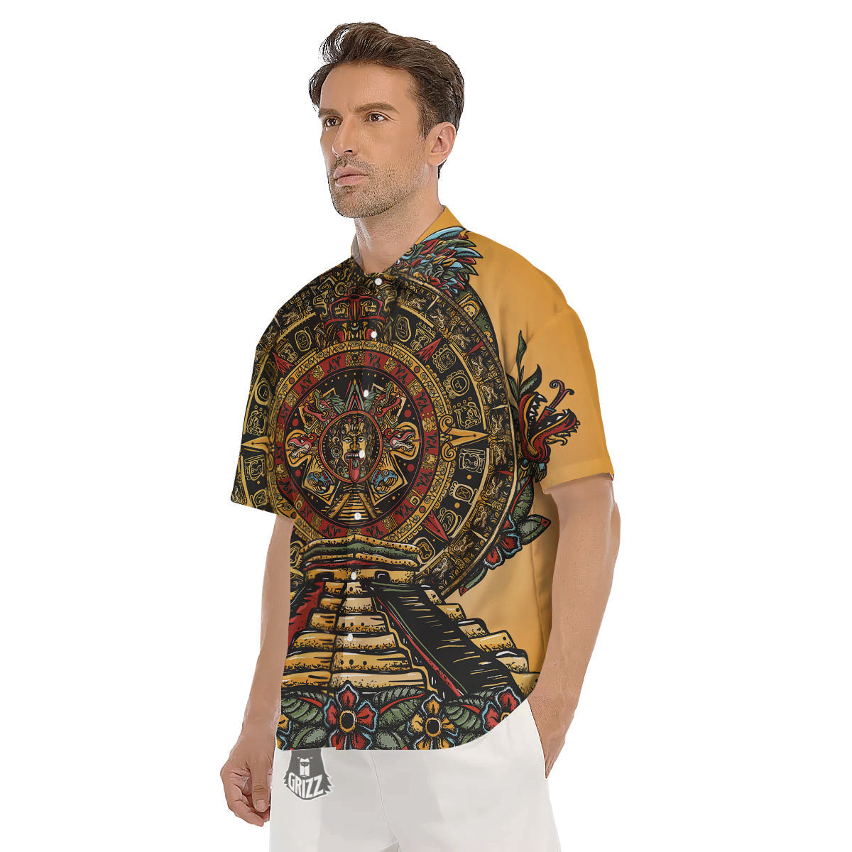 Statue Ancient Mayan Print Men's Short Sleeve Shirts-grizzshop