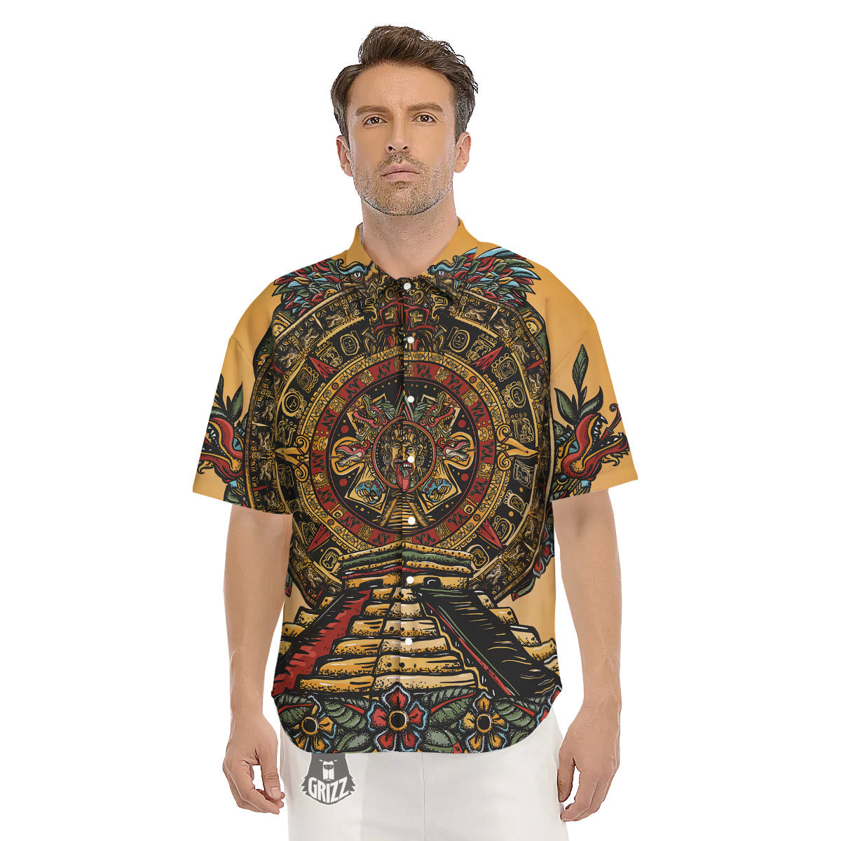 Statue Ancient Mayan Print Men's Short Sleeve Shirts-grizzshop