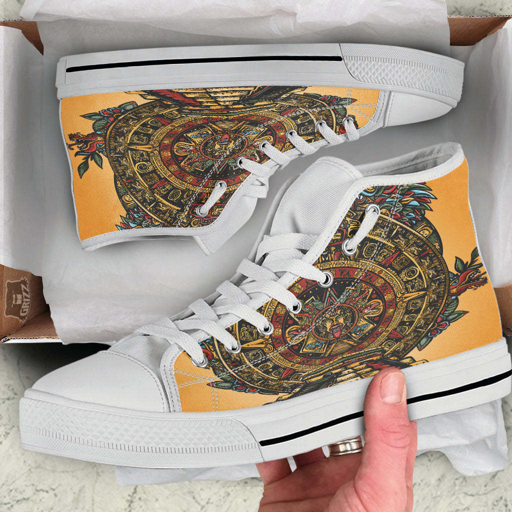 Statue Ancient Mayan Print White High Top Shoes-grizzshop