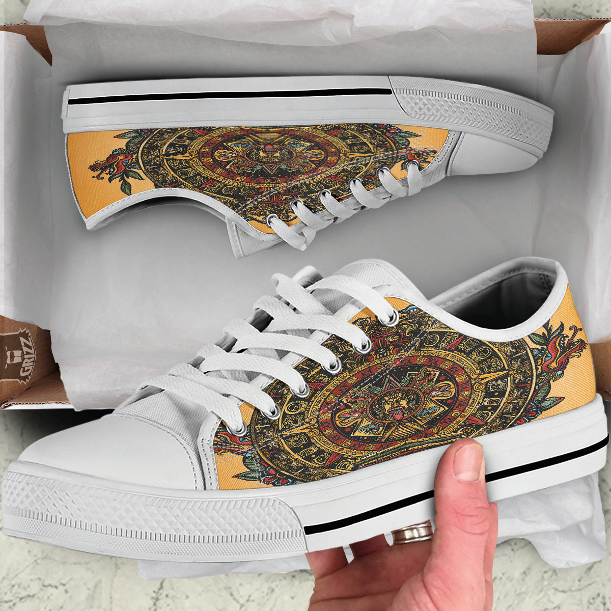 Statue Ancient Mayan Print White Low Top Shoes-grizzshop