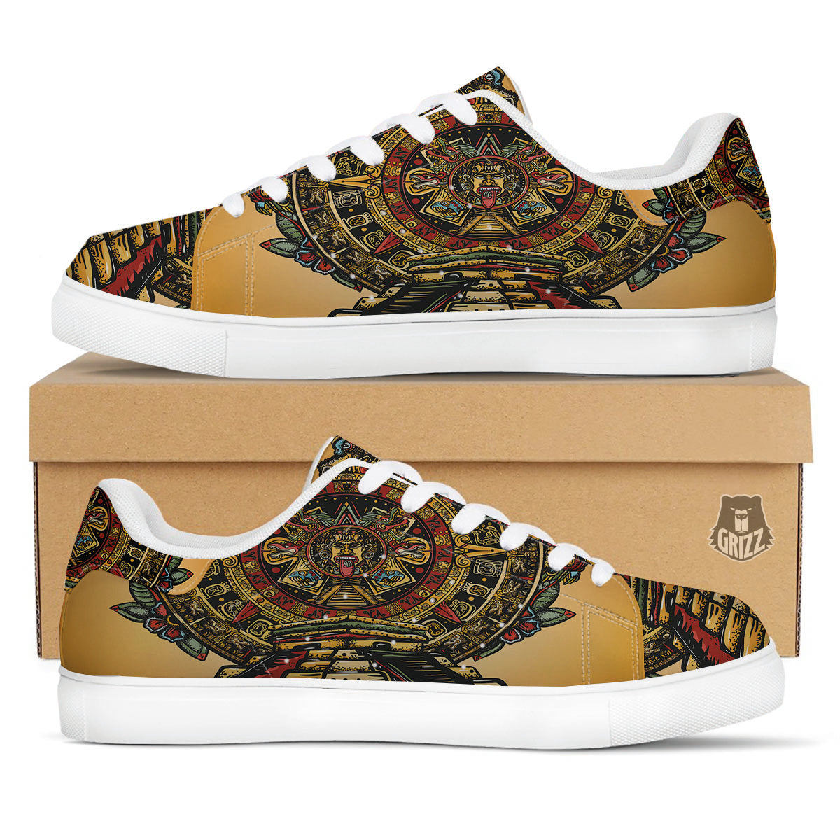Statue Ancient Mayan Print White Low Top Sneakers-grizzshop
