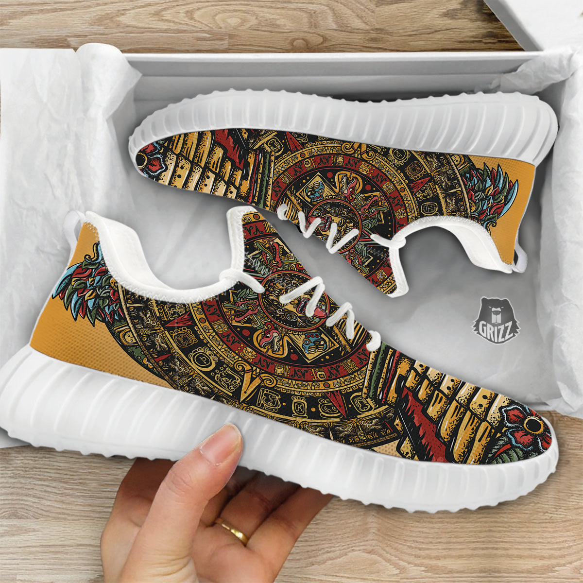Statue Ancient Mayan Print White Walking Shoes-grizzshop