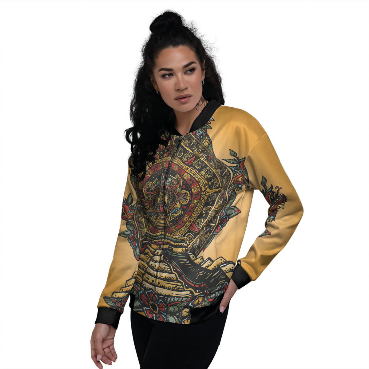 Statue Ancient Mayan Print Women's Bomber Jacket-grizzshop
