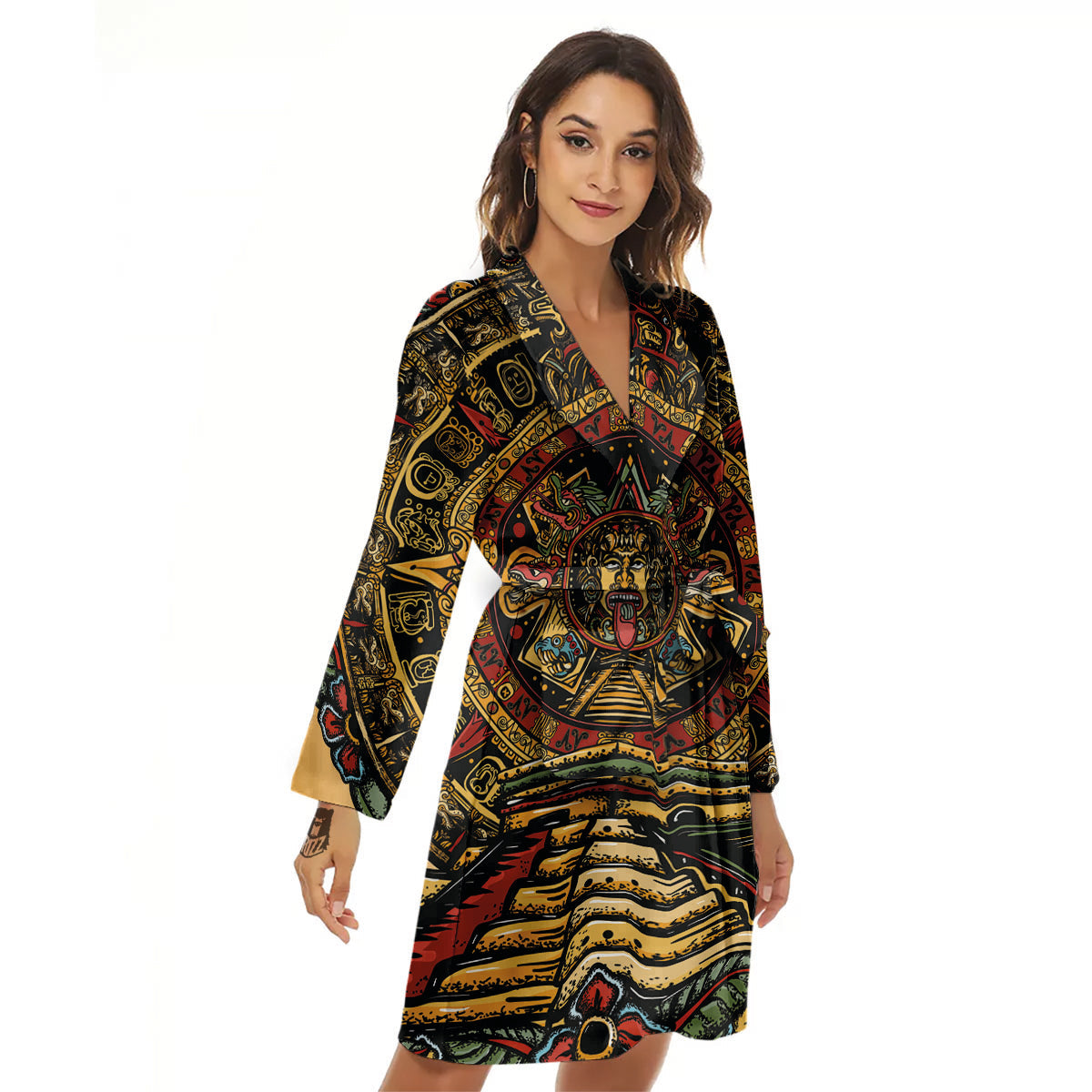 Statue Ancient Mayan Print Women's Robe-grizzshop
