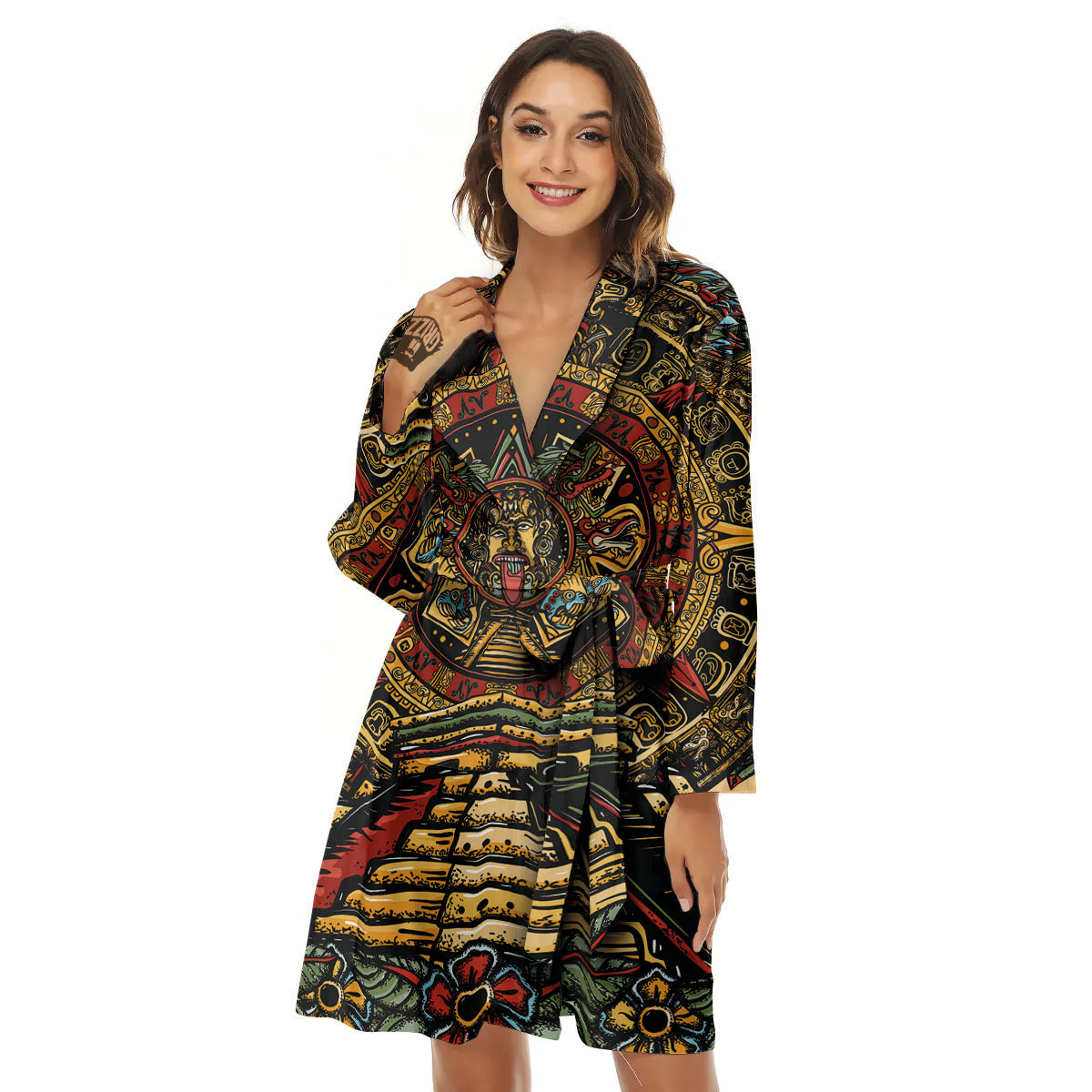 Statue Ancient Mayan Print Women's Robe-grizzshop