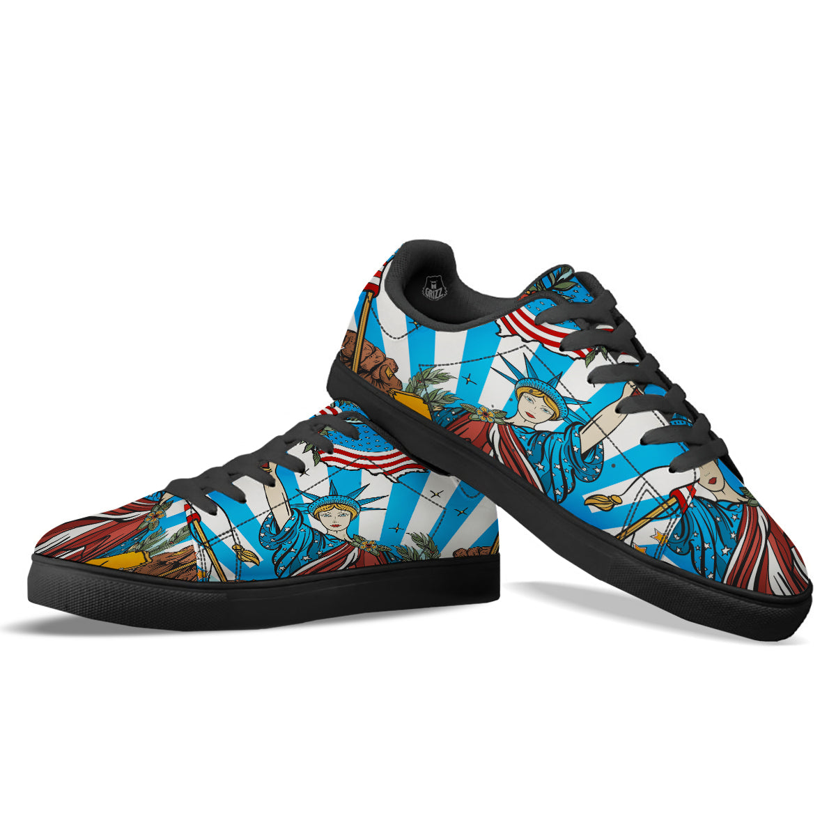 Statue Of Liberty USA Print Black Low Top Sneakers-grizzshop