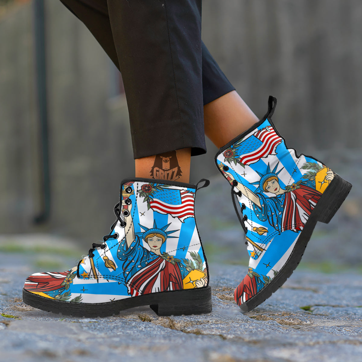 Statue Of Liberty USA Print Leather Boots-grizzshop