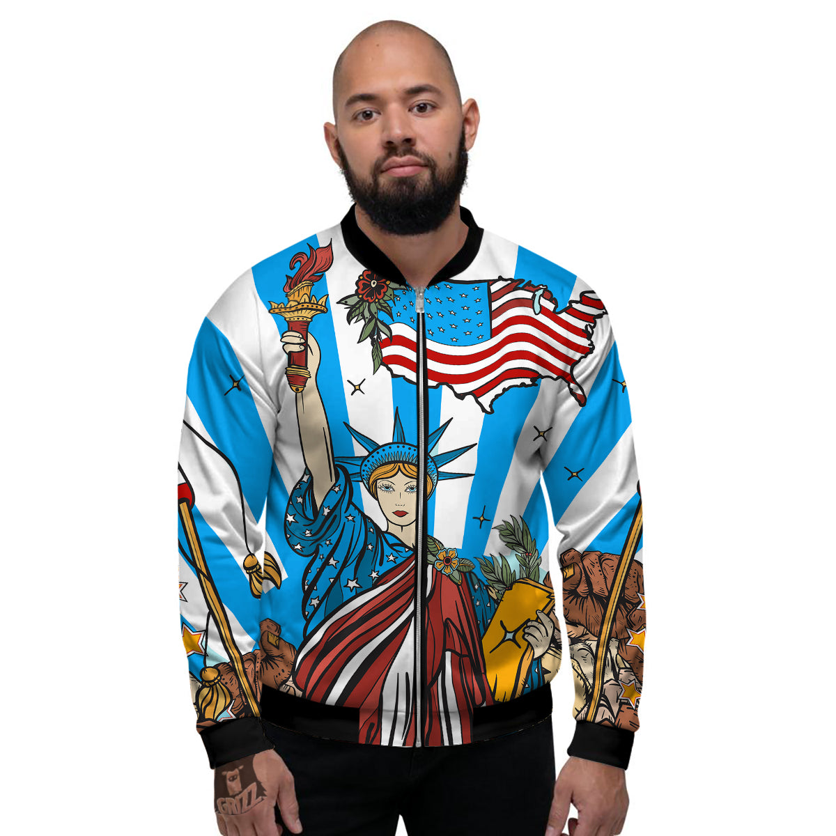 Statue Of Liberty USA Print Men's Bomber Jacket-grizzshop