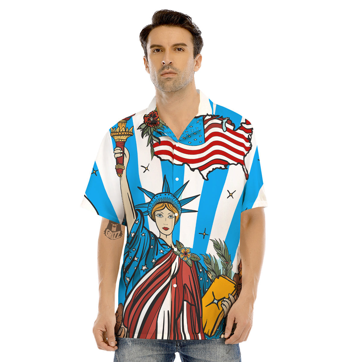 Statue Of Liberty USA Print Men's Hawaiian Shirt-grizzshop