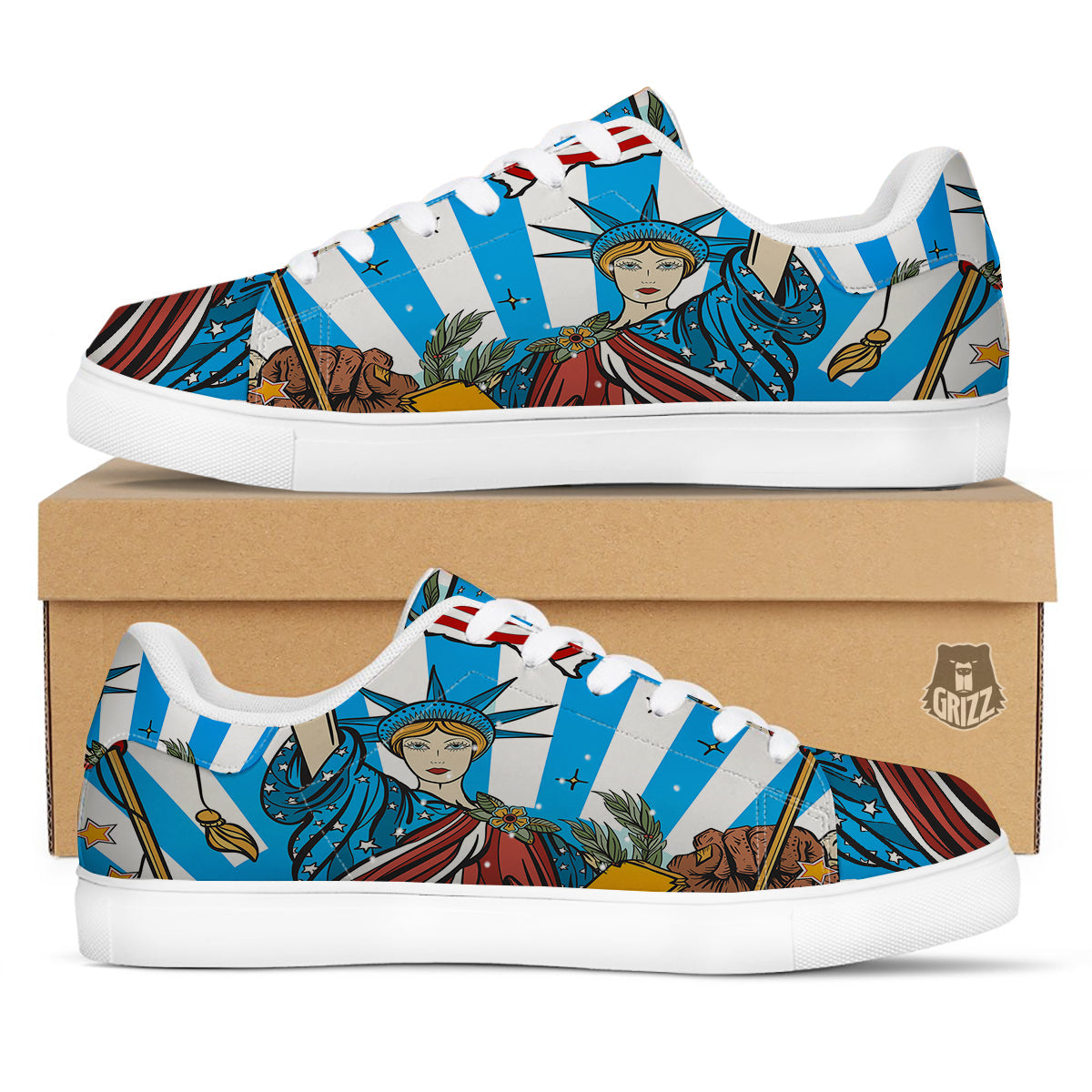 Statue Of Liberty USA Print White Low Top Sneakers-grizzshop