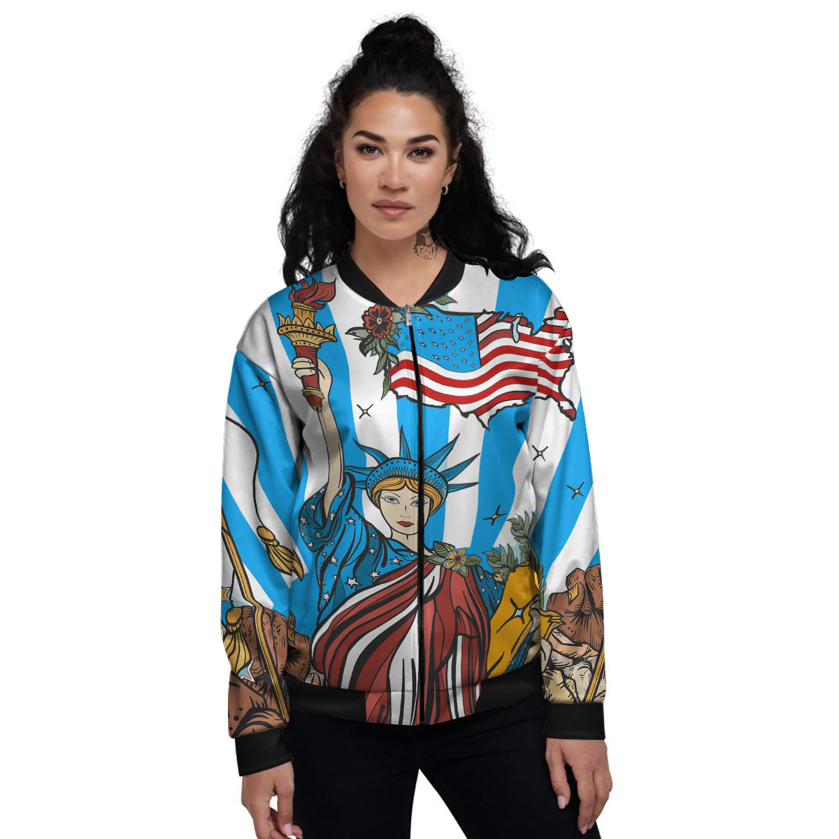 Statue Of Liberty USA Print Women's Bomber Jacket-grizzshop