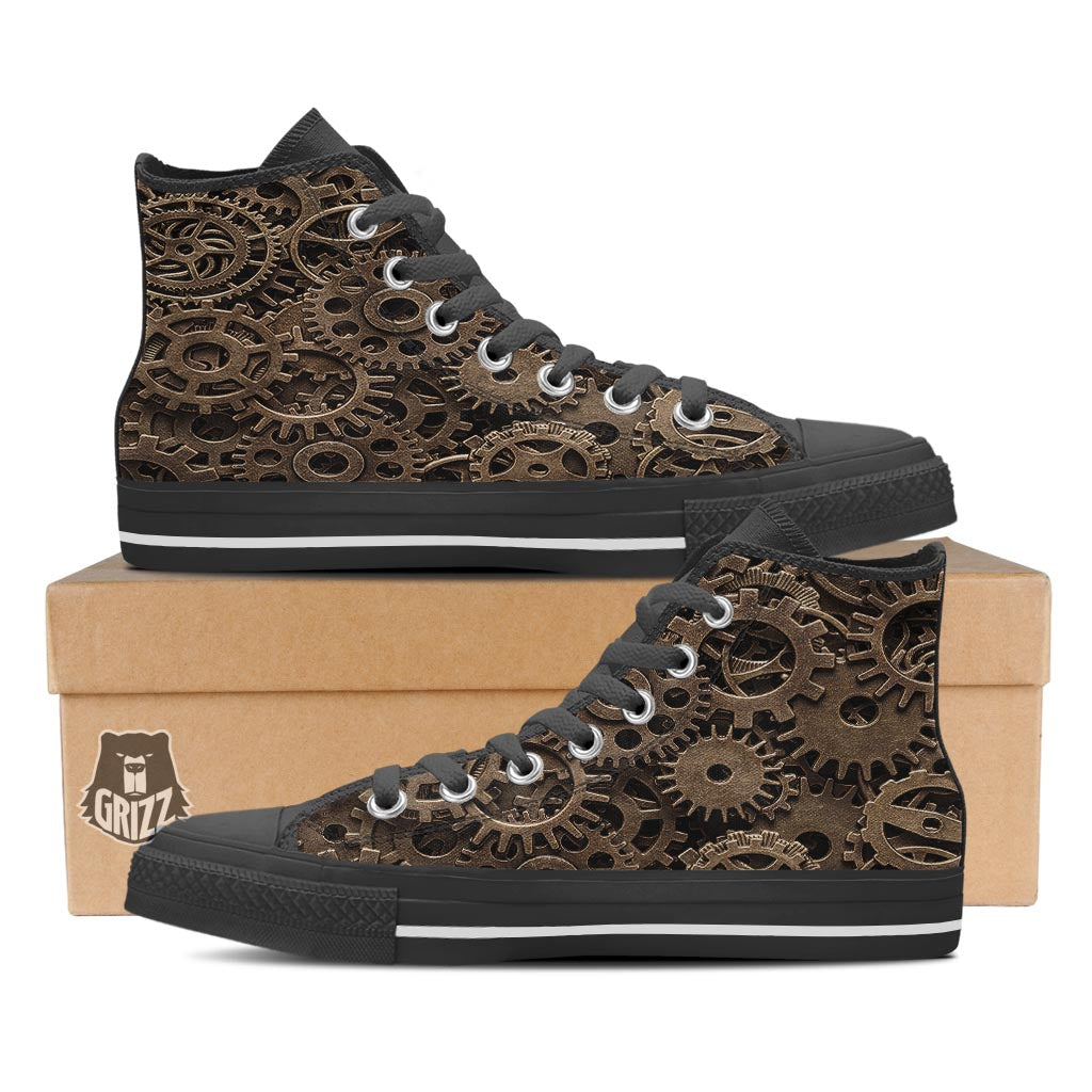 Steampunk Brass Gears And Cogs Print Black High Top Shoes-grizzshop