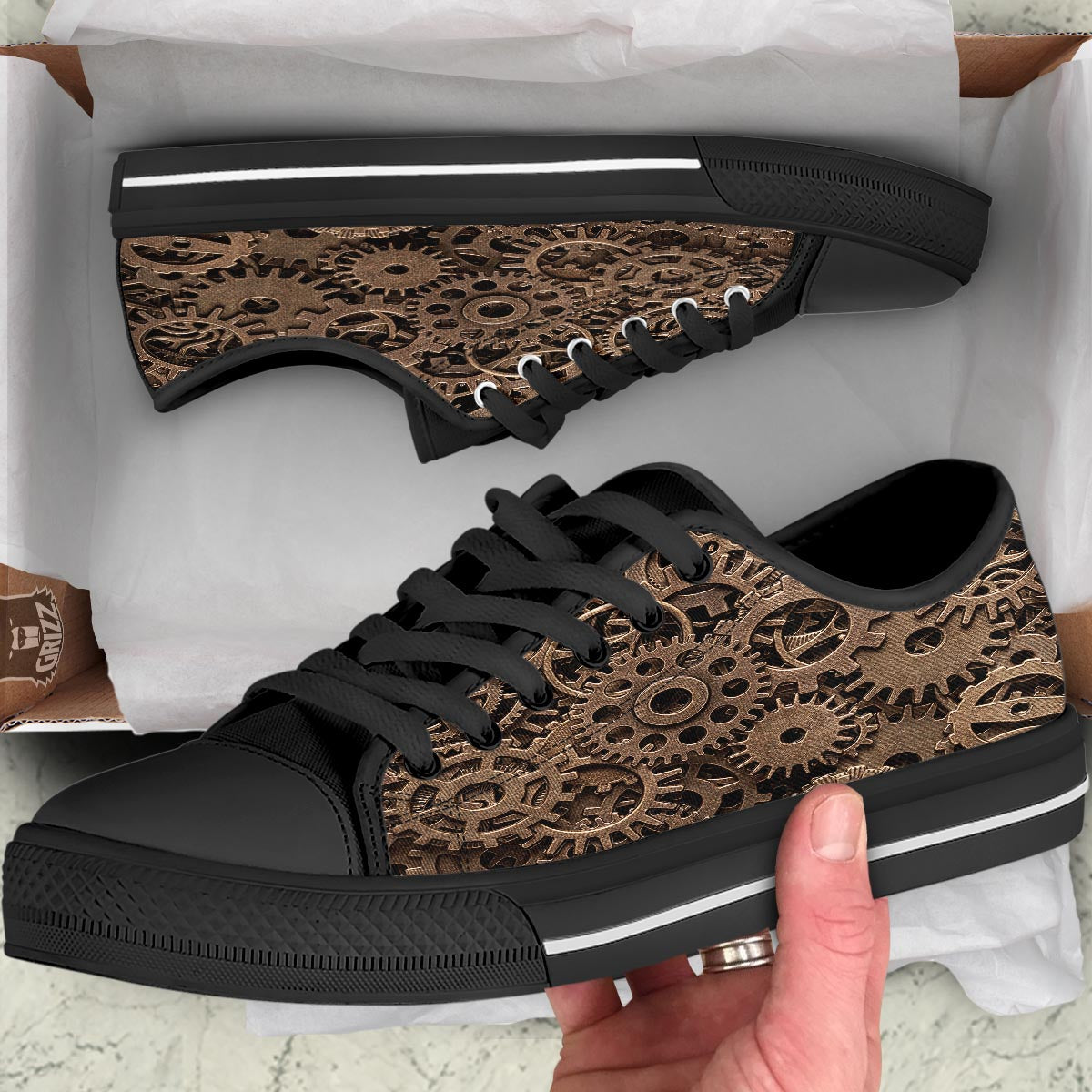Steampunk Brass Gears And Cogs Print Black Low Top Shoes-grizzshop
