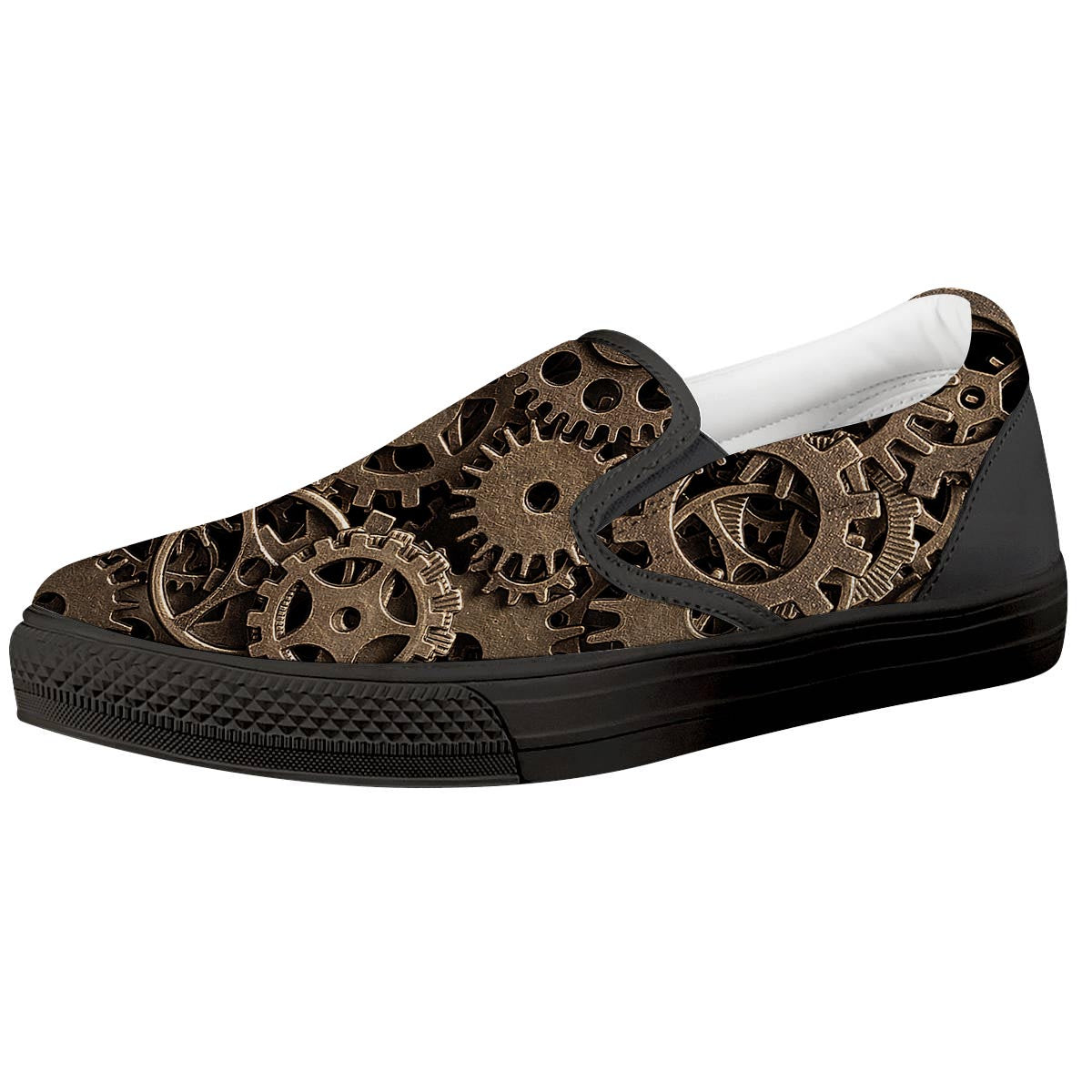 Steampunk Brass Gears And Cogs Print Black Slip On Shoes-grizzshop