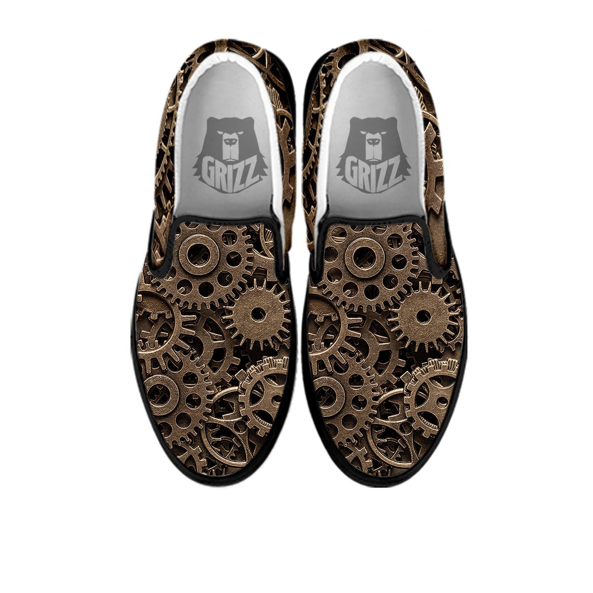 Steampunk Brass Gears And Cogs Print Black Slip On Shoes-grizzshop