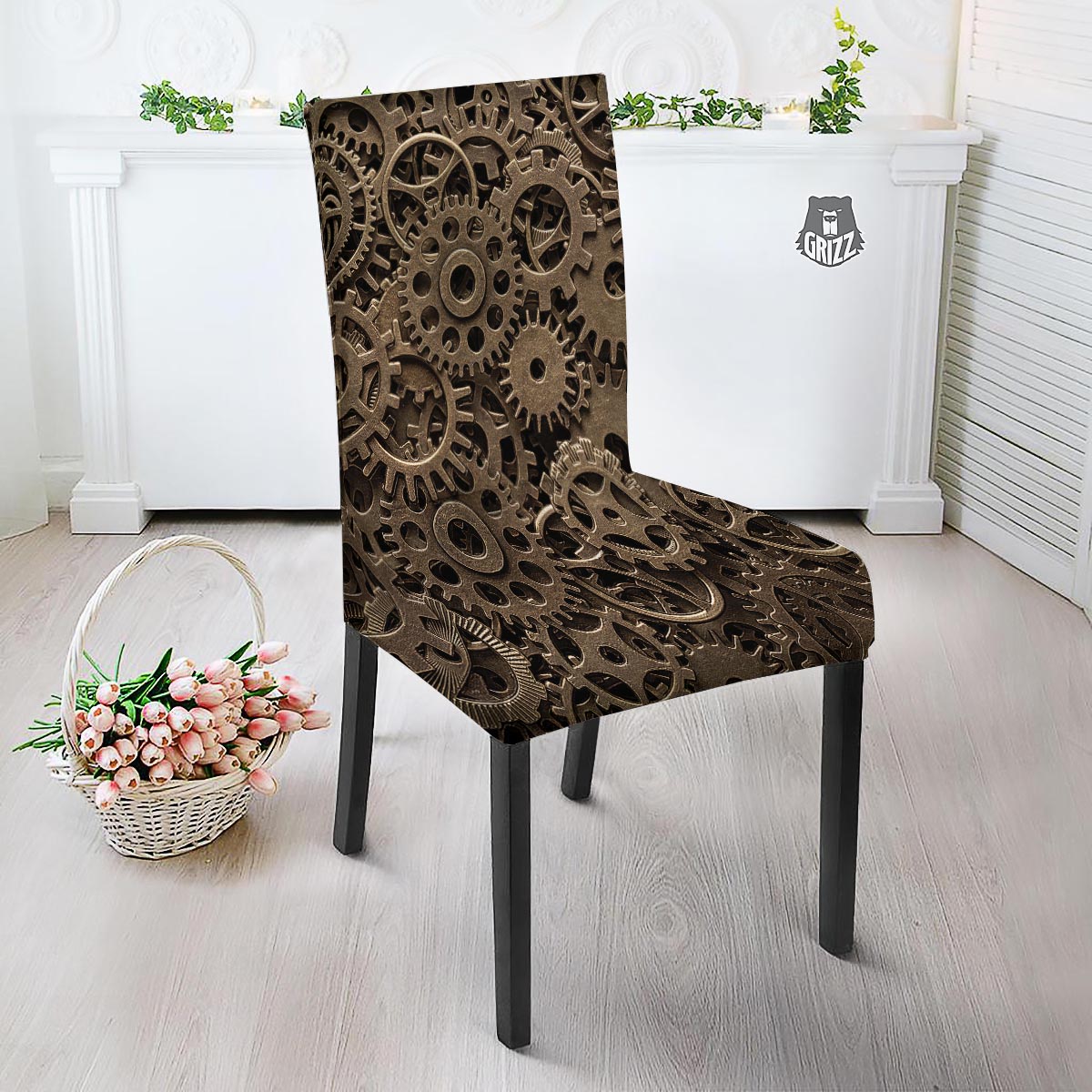 Steampunk Brass Gears And Cogs Print Dining Chair Slipcover-grizzshop