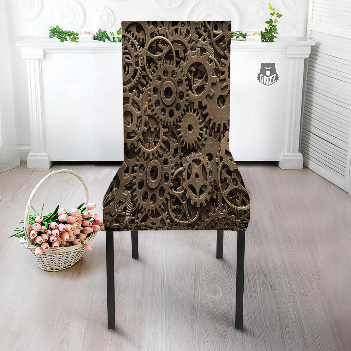 Steampunk Brass Gears And Cogs Print Dining Chair Slipcover-grizzshop