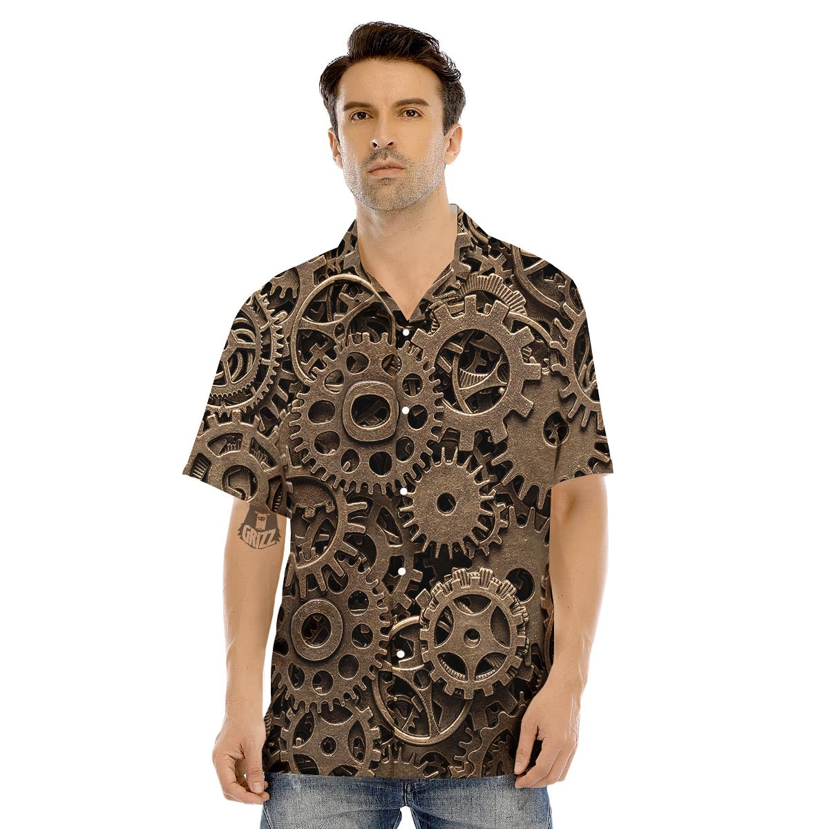 Steampunk Brass Gears And Cogs Print Men's Hawaiian Shirt-grizzshop