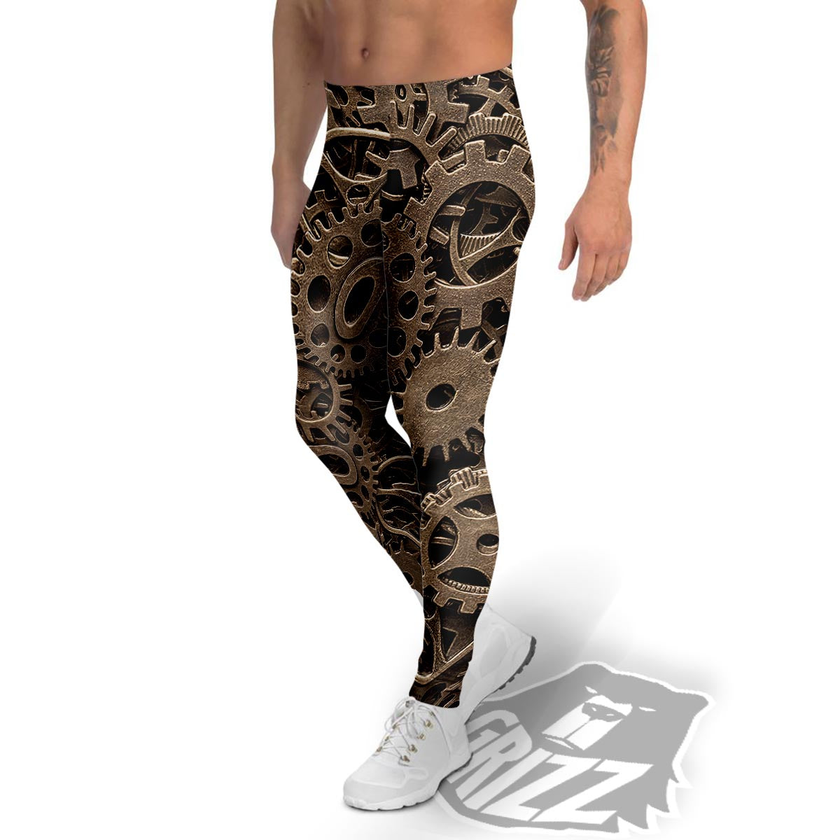 Steampunk Brass Gears And Cogs Print Men's Leggings-grizzshop