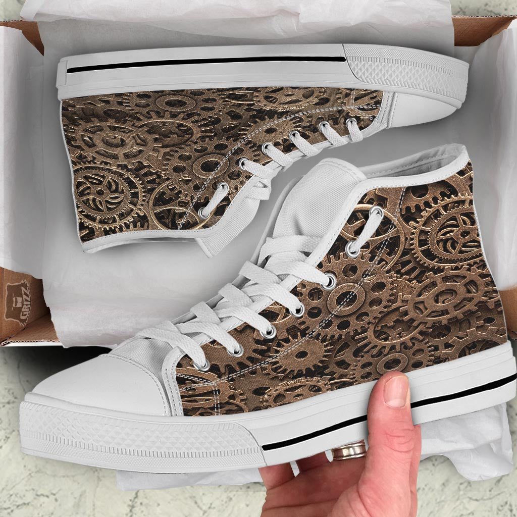 Steampunk Brass Gears And Cogs Print White High Top Shoes-grizzshop