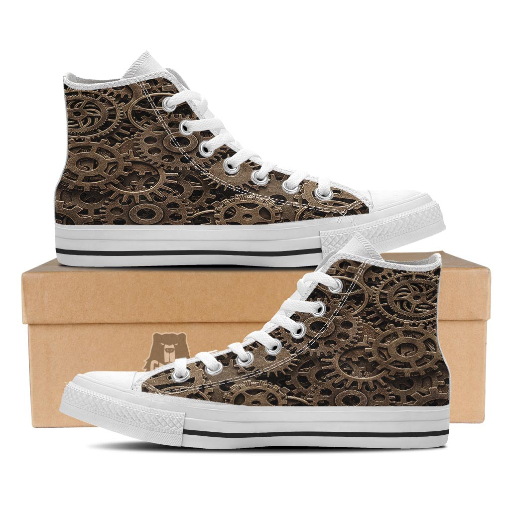 Steampunk Brass Gears And Cogs Print White High Top Shoes-grizzshop
