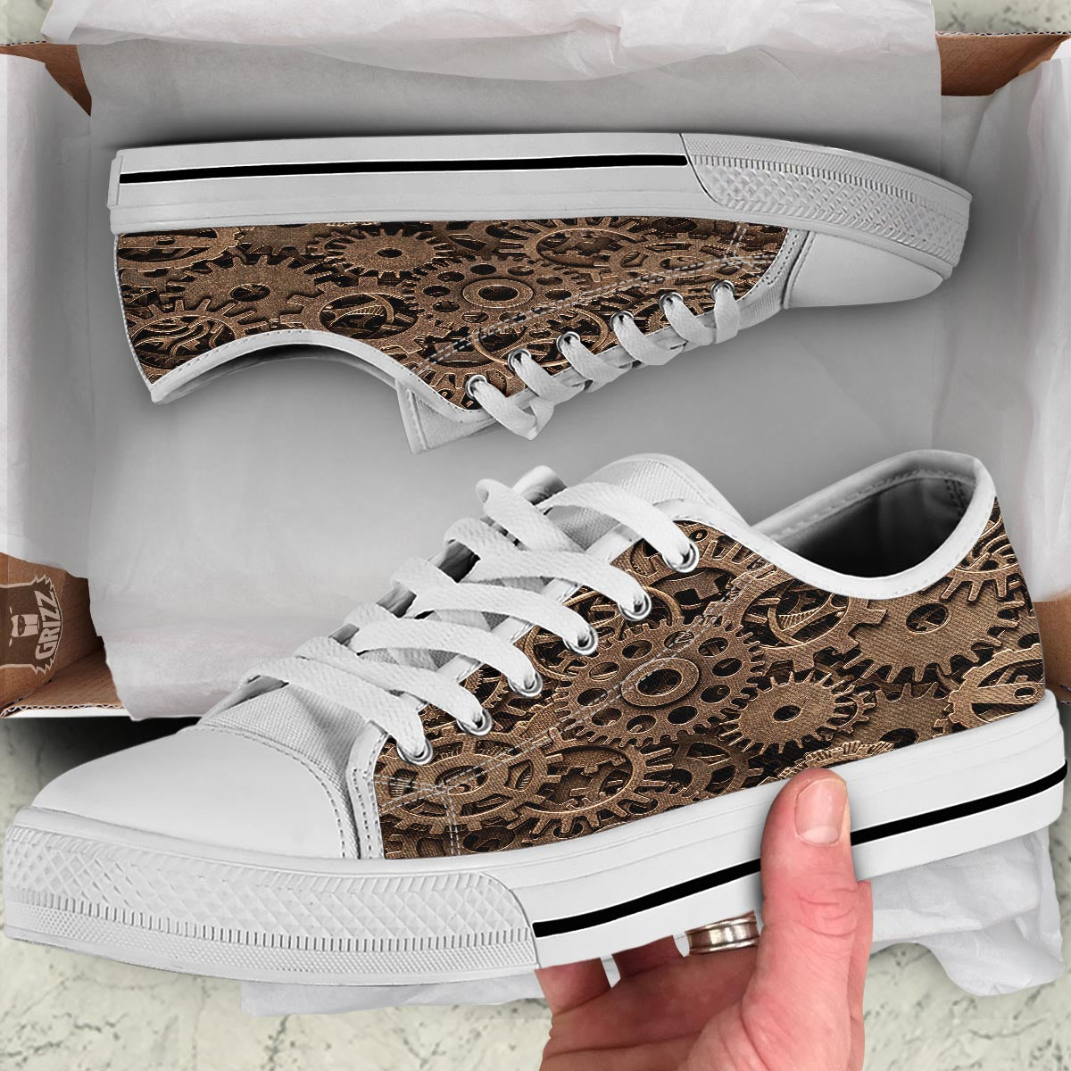 Steampunk Brass Gears And Cogs Print White Low Top Shoes-grizzshop