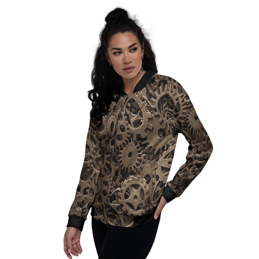 Steampunk Brass Gears And Cogs Print Women's Bomber Jacket-grizzshop