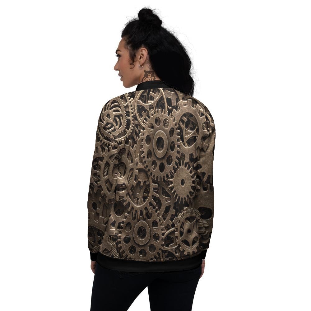 Steampunk Brass Gears And Cogs Print Women's Bomber Jacket-grizzshop