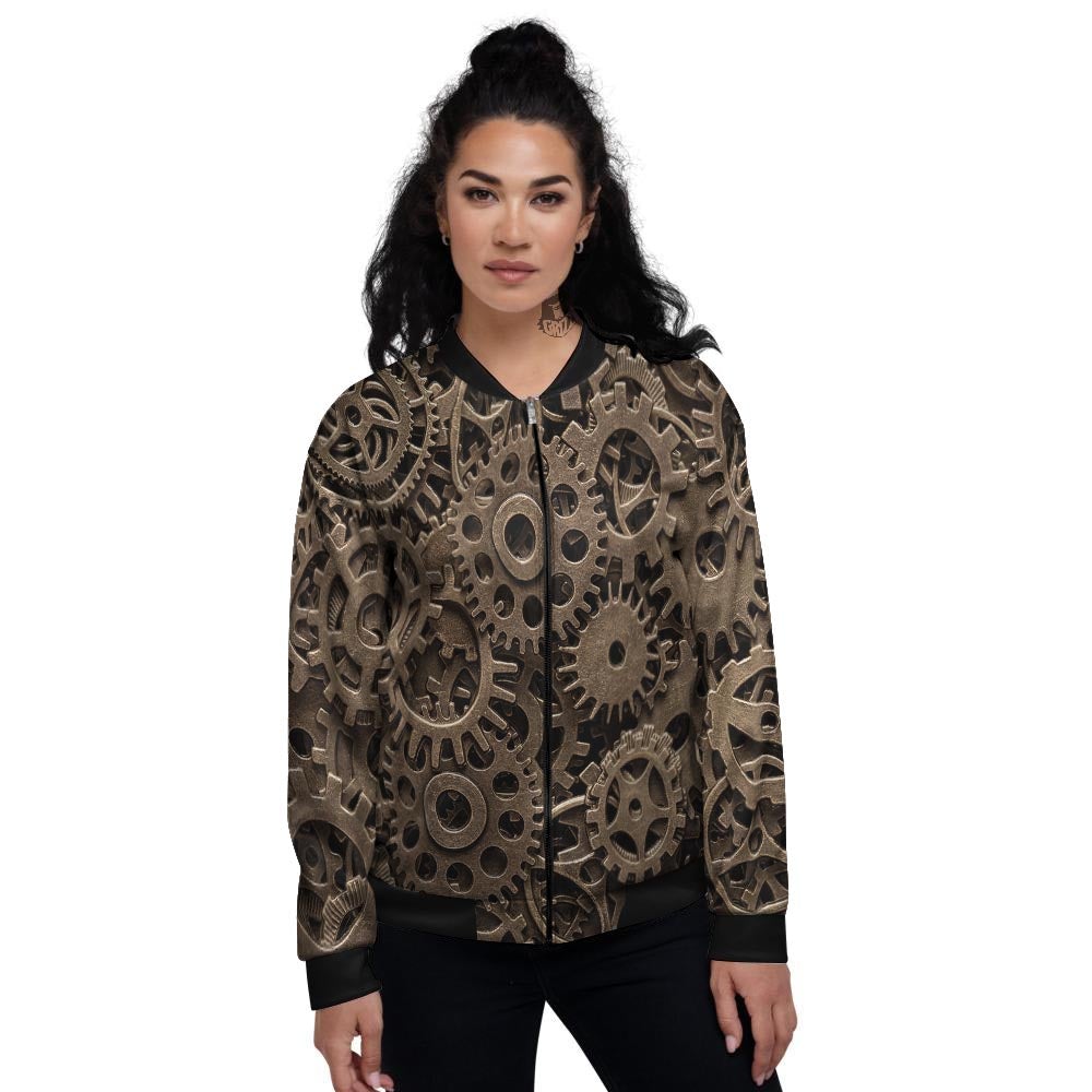 Steampunk Brass Gears And Cogs Print Women's Bomber Jacket-grizzshop
