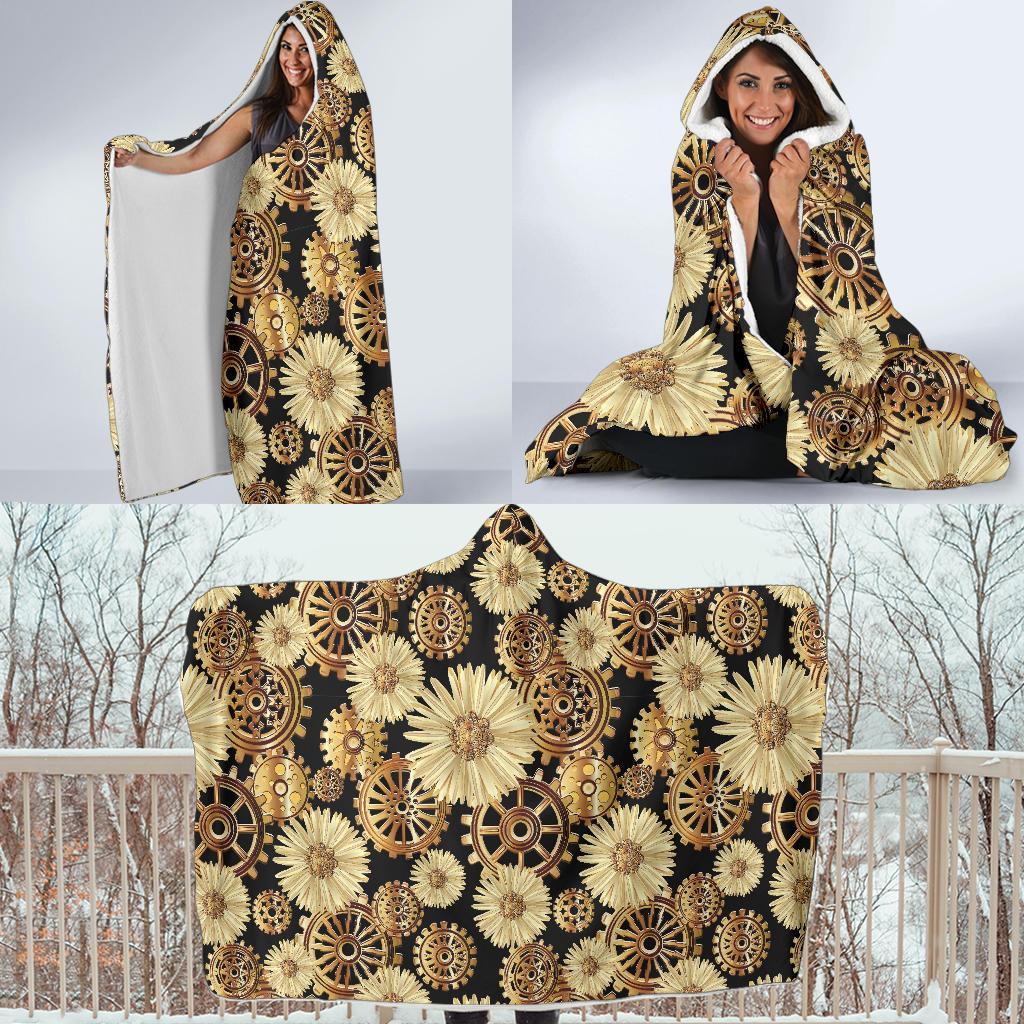 Steampunk Floral Pattern Print Hooded Blanket-grizzshop