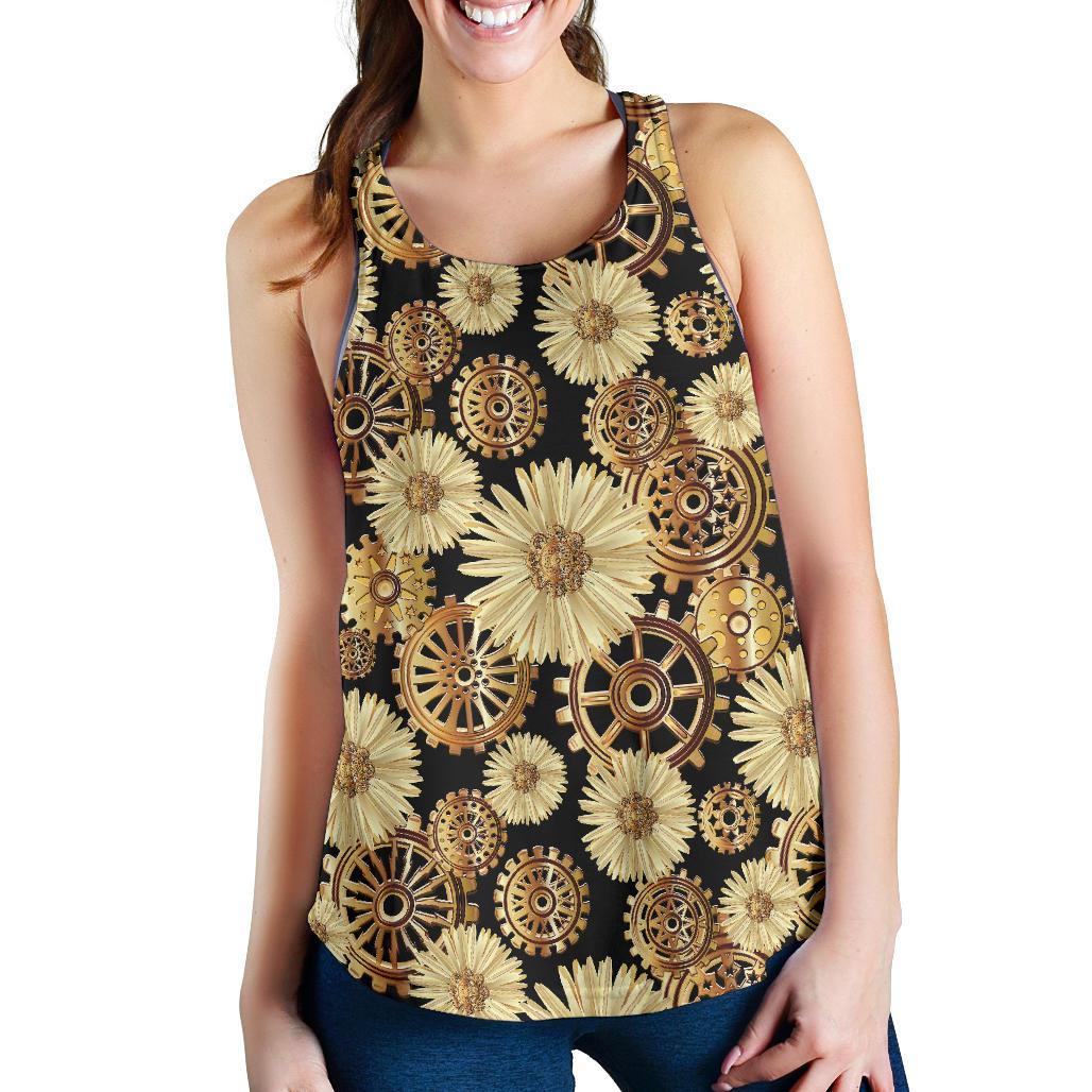 Steampunk Floral Pattern Print Women's Racerback Tank Tops-grizzshop