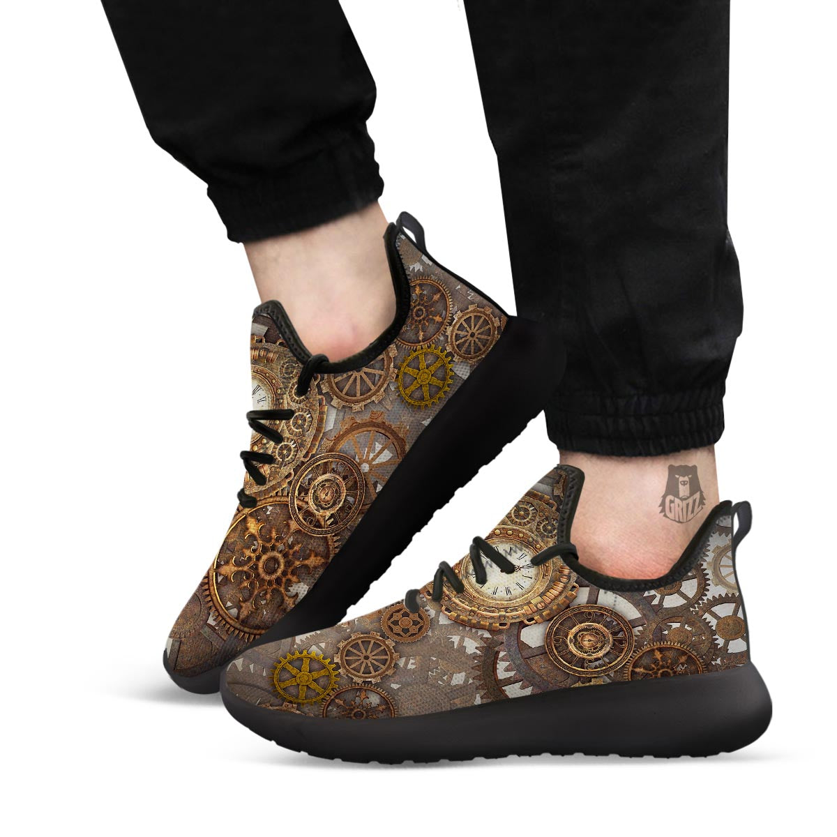 Steampunk Gears Clock Print Black Athletic Shoes-grizzshop