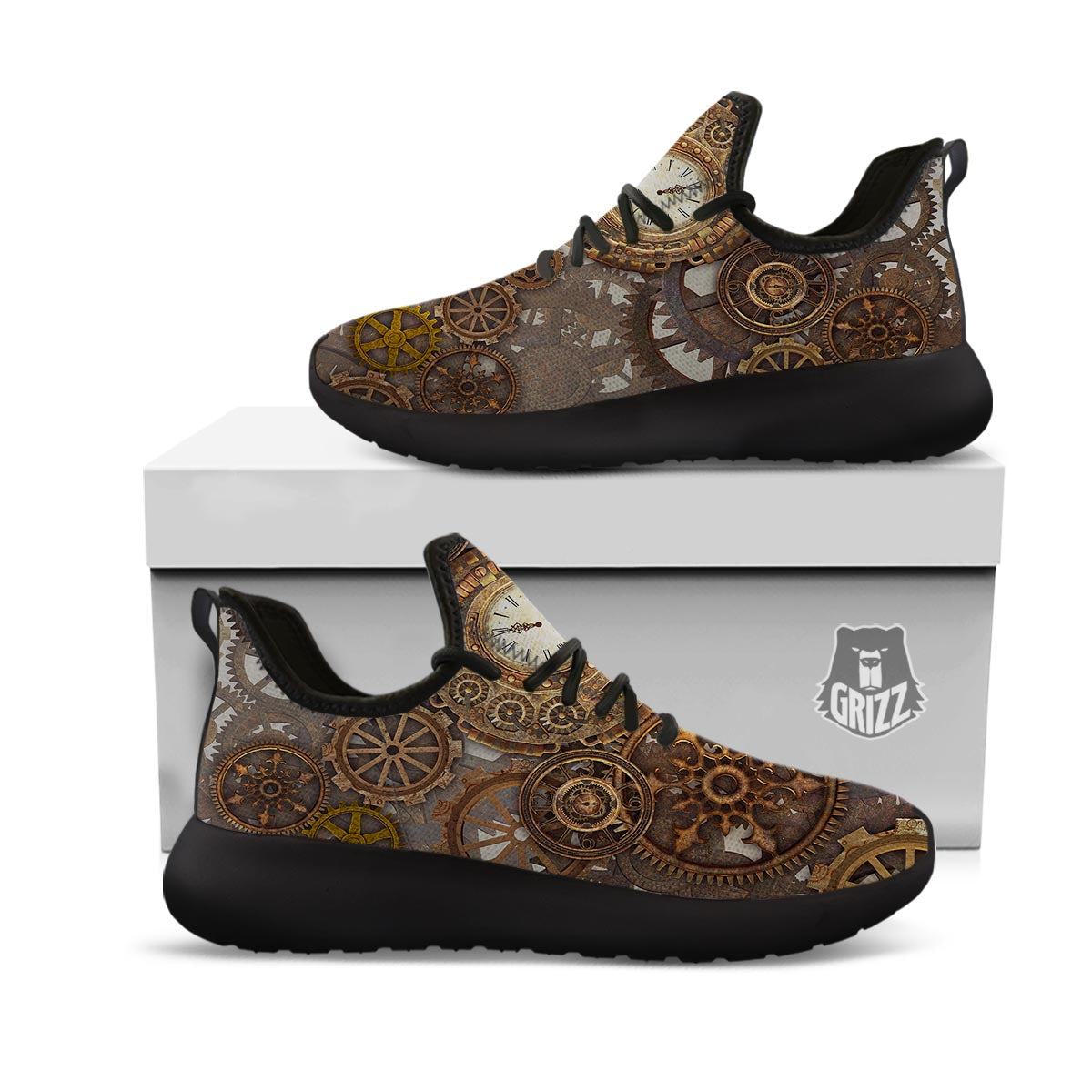 Steampunk Gears Clock Print Black Athletic Shoes-grizzshop