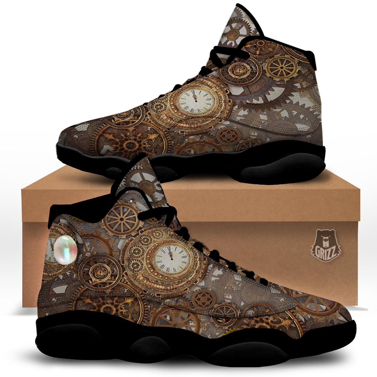 Steampunk Gears Clock Print Black Basketball Shoes-grizzshop