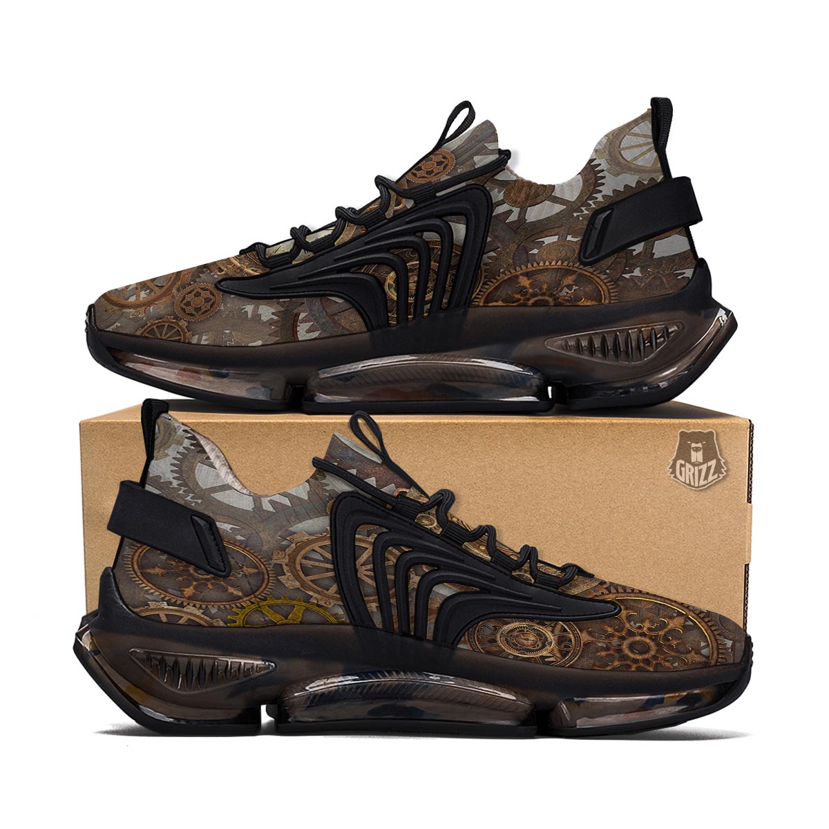 Steampunk Gears Clock Print Black Gym Shoes-grizzshop