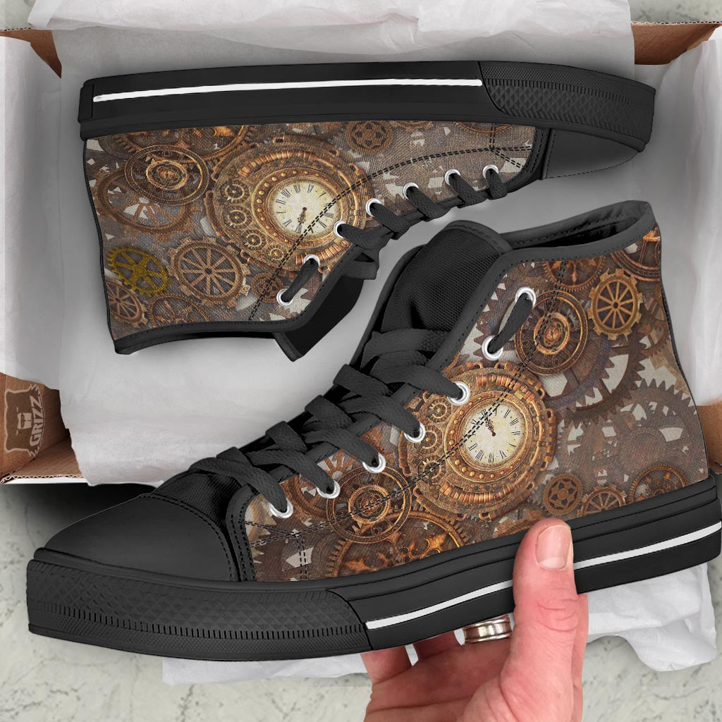 Steampunk Gears Clock Print Black High Top Shoes-grizzshop