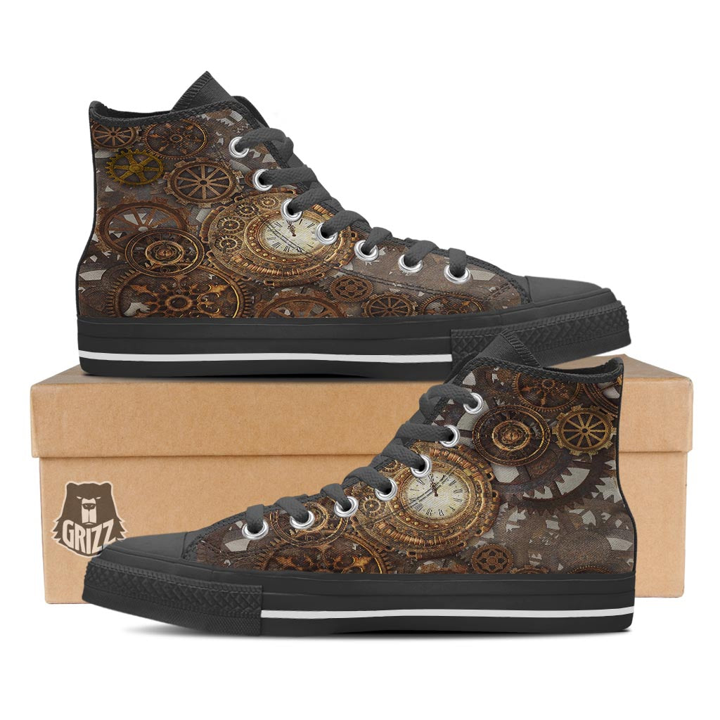 Steampunk Gears Clock Print Black High Top Shoes-grizzshop