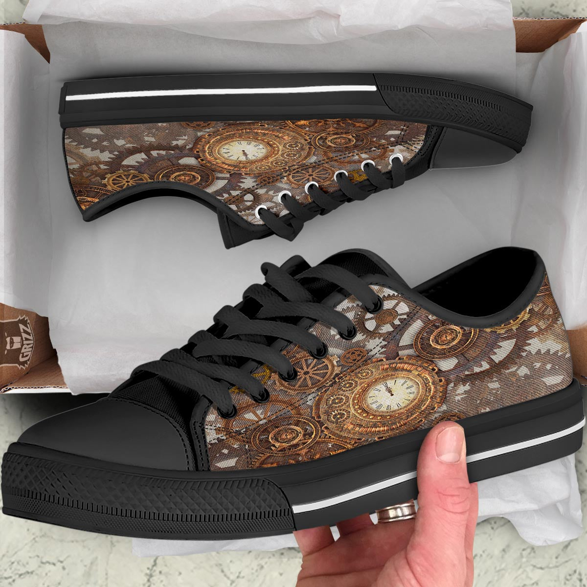 Steampunk Gears Clock Print Black Low Top Shoes-grizzshop