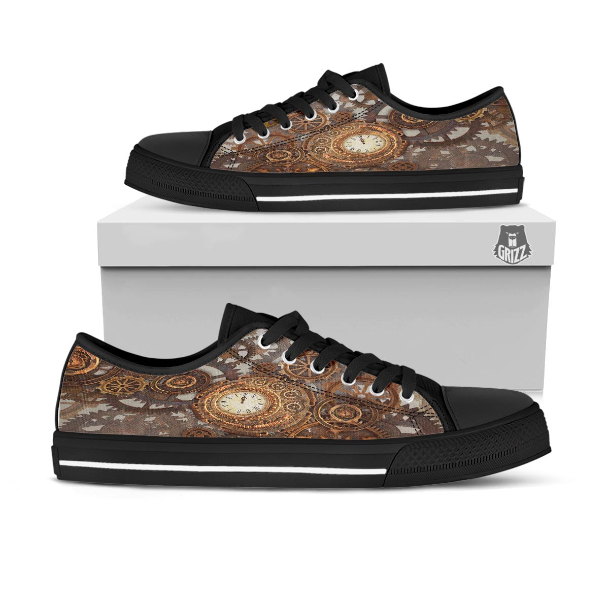 Steampunk Gears Clock Print Black Low Top Shoes-grizzshop